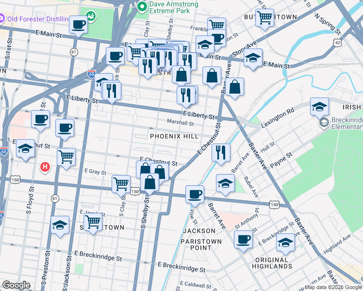 map of restaurants, bars, coffee shops, grocery stores, and more near 907 East Madison Street in Louisville