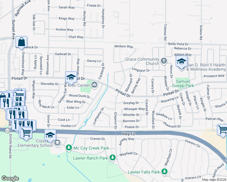 map of restaurants, bars, coffee shops, grocery stores, and more near 904 Pintail Drive in Suisun City