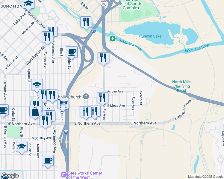 map of restaurants, bars, coffee shops, grocery stores, and more near 519 Tezak Street in Pueblo