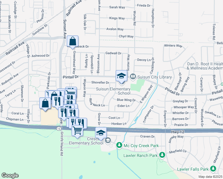 map of restaurants, bars, coffee shops, grocery stores, and more near 713 Green Wing Drive in Suisun City