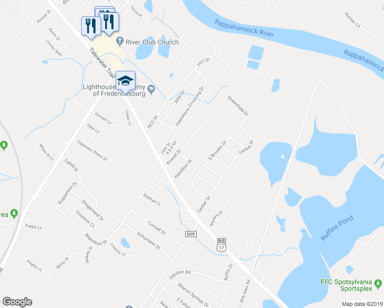 map of restaurants, bars, coffee shops, grocery stores, and more near 201 Hamilton Street in Fredericksburg