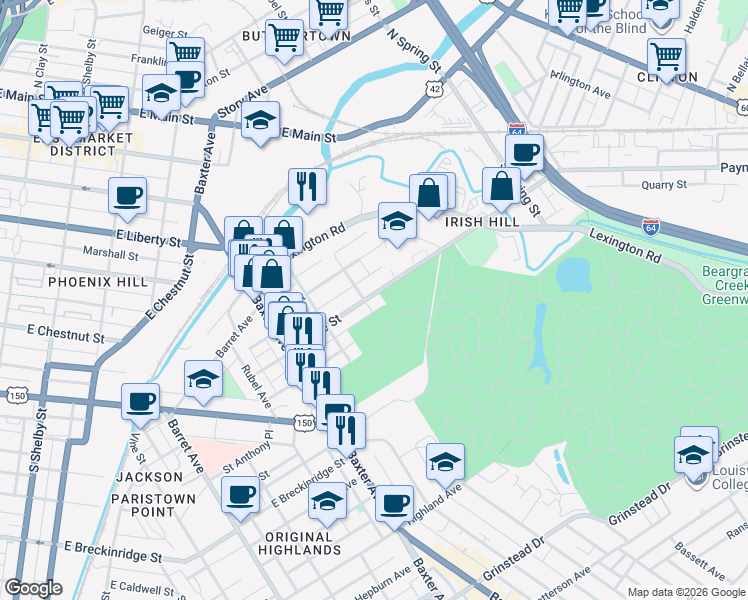 map of restaurants, bars, coffee shops, grocery stores, and more near 1319 Payne Street in Louisville
