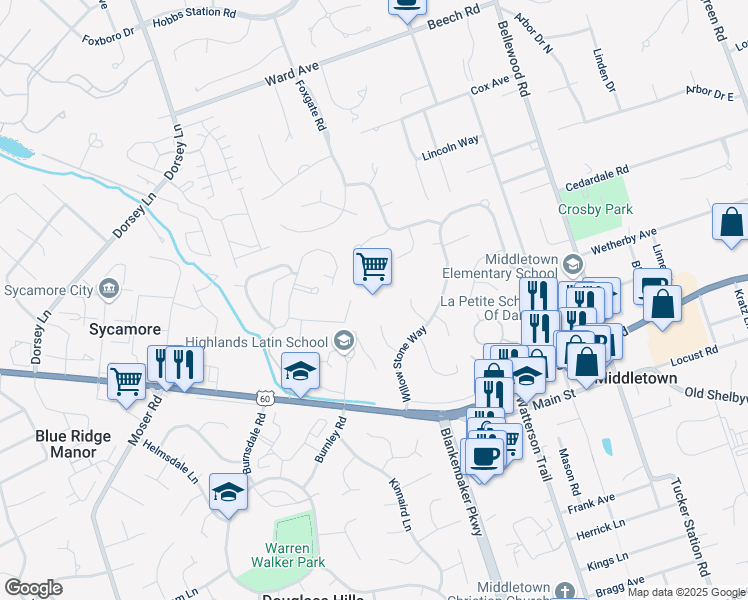 map of restaurants, bars, coffee shops, grocery stores, and more near 11102 Brookstone Court in Louisville