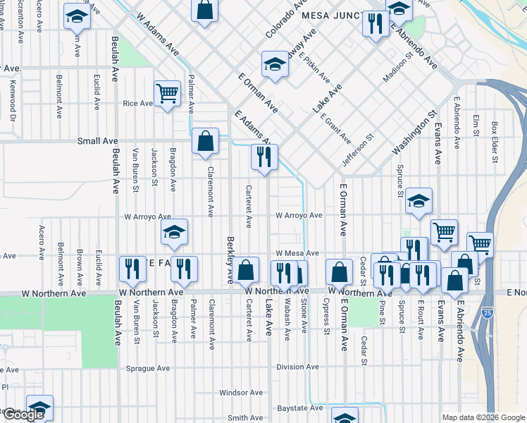 map of restaurants, bars, coffee shops, grocery stores, and more near 1032 Lake Avenue in Pueblo