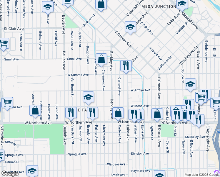 map of restaurants, bars, coffee shops, grocery stores, and more near 1029 Berkley Avenue in Pueblo