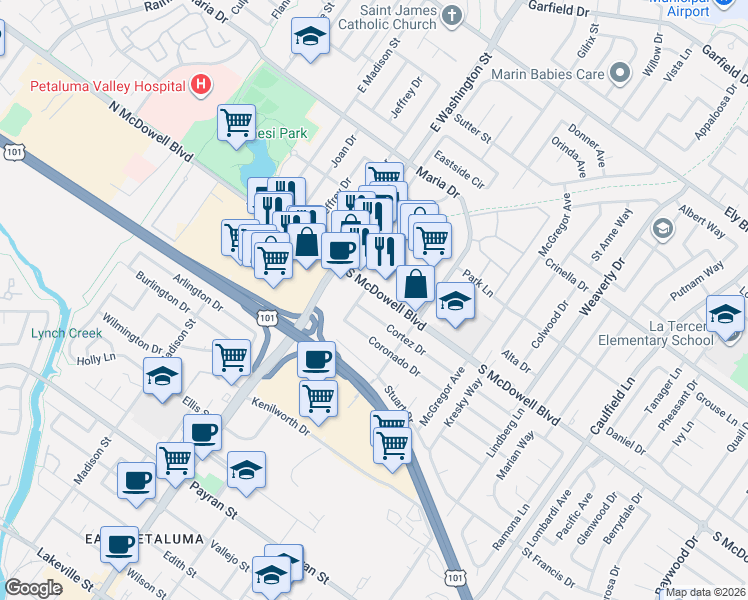 map of restaurants, bars, coffee shops, grocery stores, and more near 228 South McDowell Boulevard in Petaluma