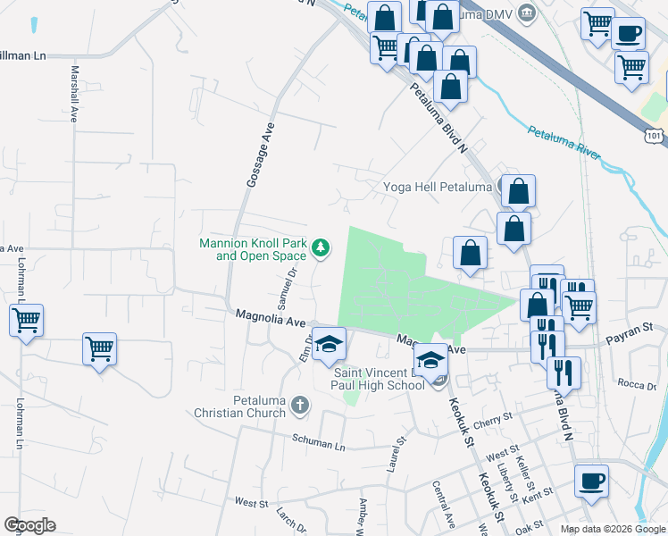 map of restaurants, bars, coffee shops, grocery stores, and more near 940 Elm Drive in Petaluma