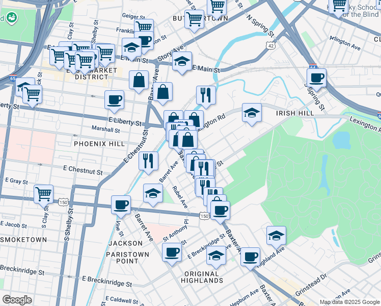 map of restaurants, bars, coffee shops, grocery stores, and more near 1112 Lexington Road in Louisville