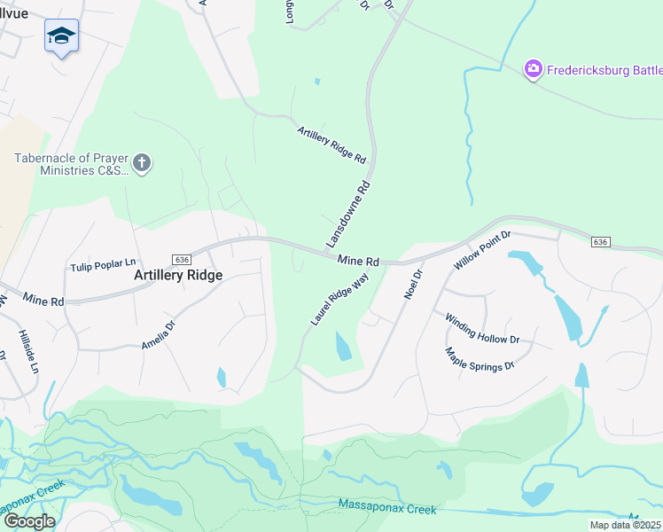 map of restaurants, bars, coffee shops, grocery stores, and more near 3948 Mine Road in Fredericksburg