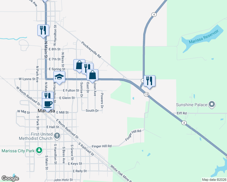 map of restaurants, bars, coffee shops, grocery stores, and more near 740 East Lyons Street in Marissa
