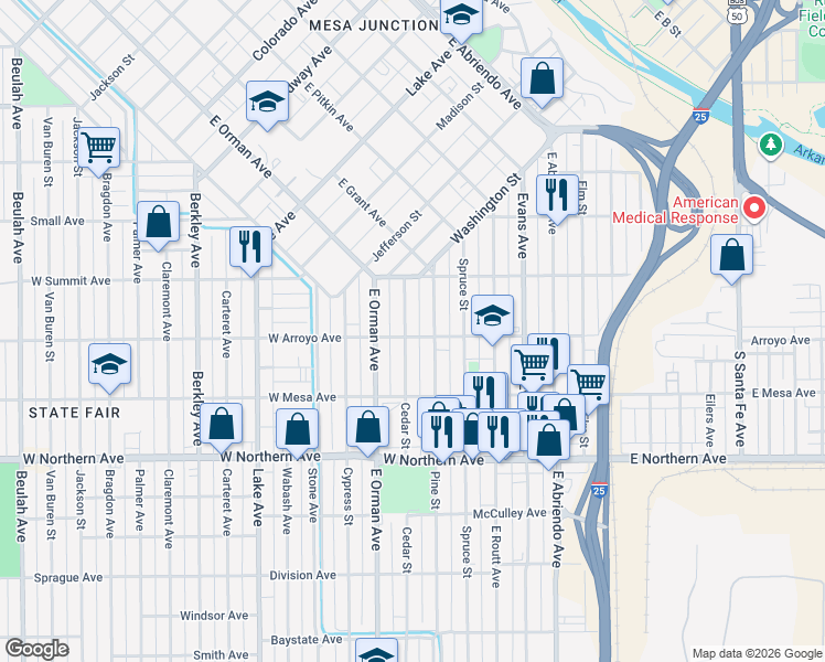 map of restaurants, bars, coffee shops, grocery stores, and more near 711 West Arroyo Avenue in Pueblo
