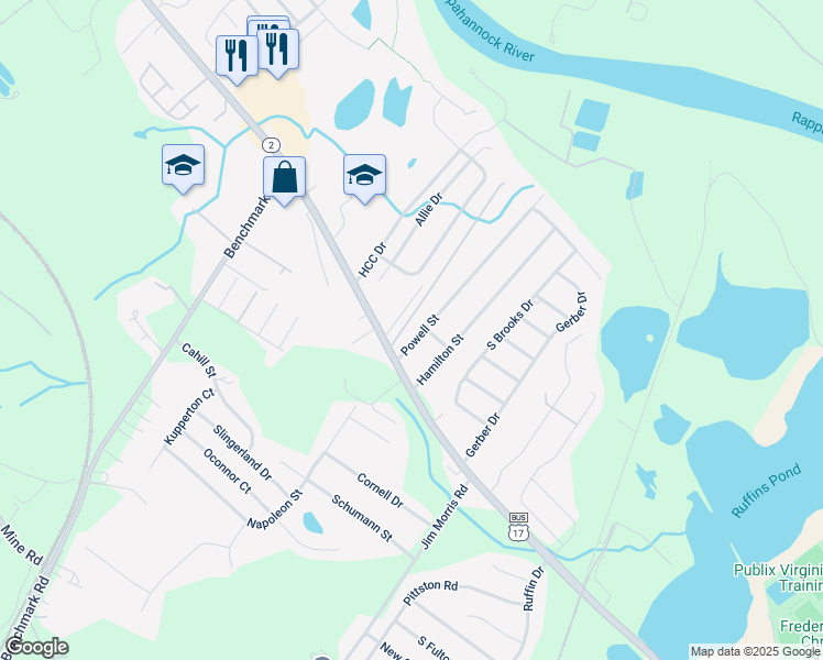 map of restaurants, bars, coffee shops, grocery stores, and more near 107 Powell Street in Fredericksburg