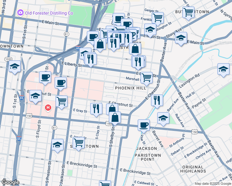 map of restaurants, bars, coffee shops, grocery stores, and more near East Madison Street in Louisville
