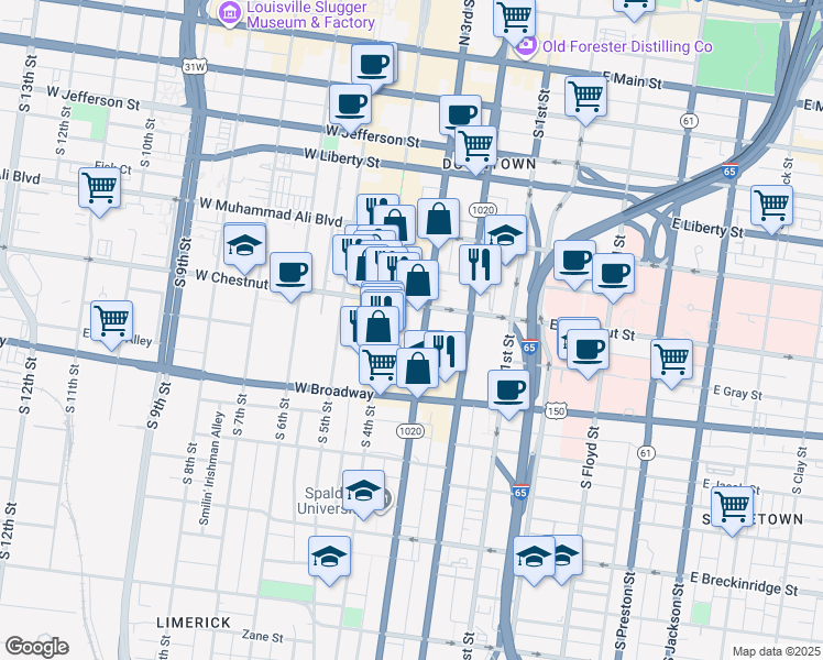 map of restaurants, bars, coffee shops, grocery stores, and more near 604 South 3rd Street in Louisville