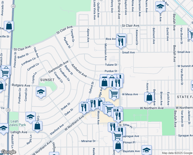 map of restaurants, bars, coffee shops, grocery stores, and more near 34 Purdue Street in Pueblo