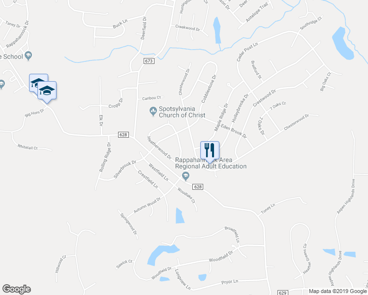 map of restaurants, bars, coffee shops, grocery stores, and more near 10906 Heatherwood Drive in Spotsylvania