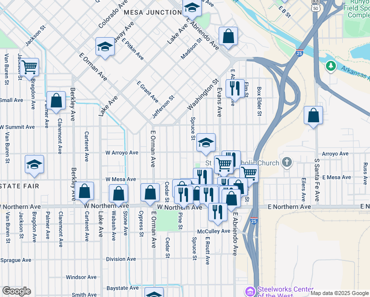 map of restaurants, bars, coffee shops, grocery stores, and more near 1029 Spruce Street in Pueblo