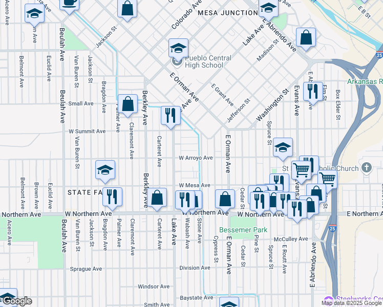 map of restaurants, bars, coffee shops, grocery stores, and more near 1100 Topaz Place in Pueblo