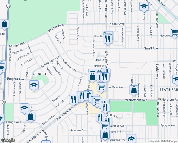 map of restaurants, bars, coffee shops, grocery stores, and more near 34 Purdue Street in Pueblo