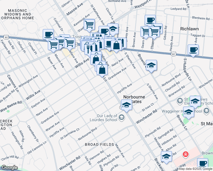 map of restaurants, bars, coffee shops, grocery stores, and more near 239 Breckenridge Lane in Louisville