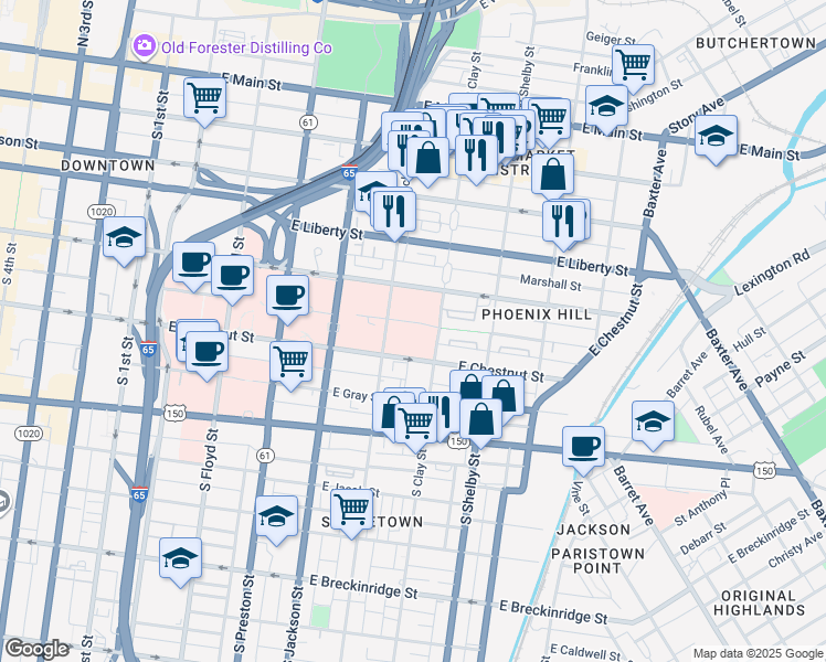 map of restaurants, bars, coffee shops, grocery stores, and more near 601-699 E Madison St in Louisville