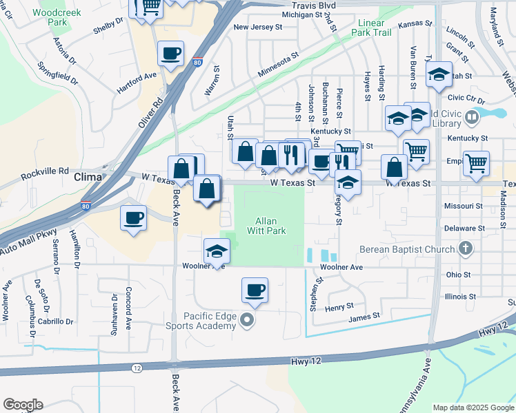map of restaurants, bars, coffee shops, grocery stores, and more near 1741 West Texas Street in Fairfield