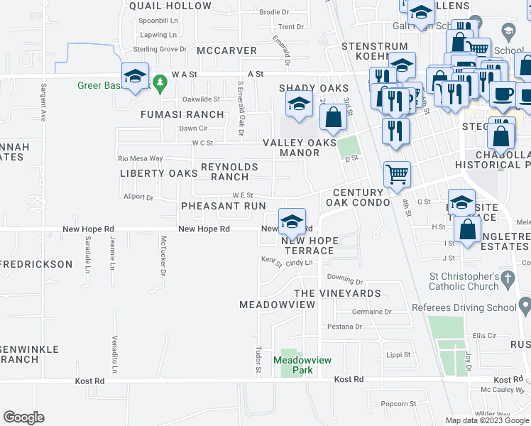 map of restaurants, bars, coffee shops, grocery stores, and more near 161 Silverado Way in Galt