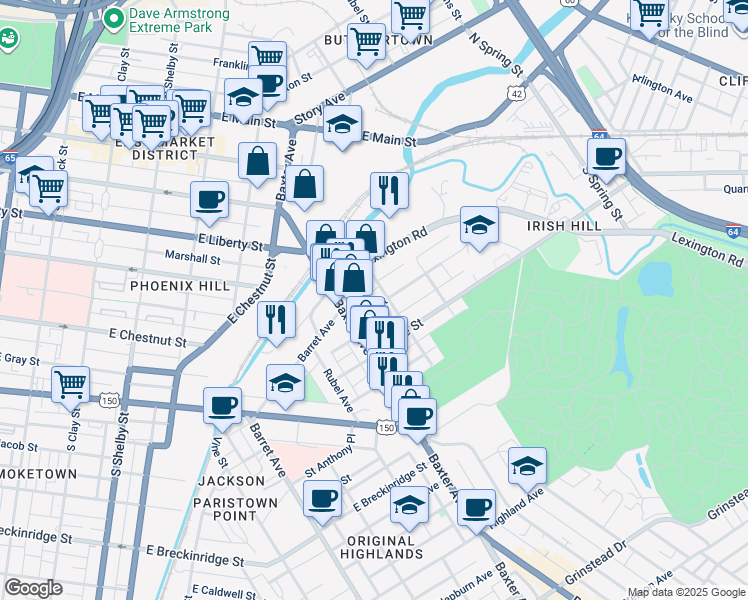 map of restaurants, bars, coffee shops, grocery stores, and more near 1180 Neon Way in Louisville