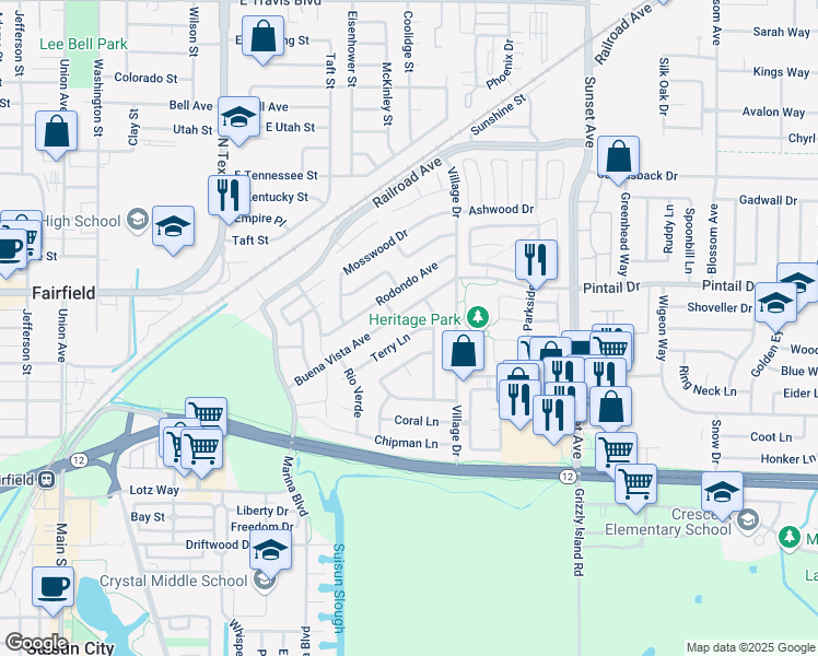 map of restaurants, bars, coffee shops, grocery stores, and more near 83 Buena Vista Avenue in Suisun City