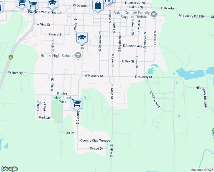 map of restaurants, bars, coffee shops, grocery stores, and more near 706 South Main Street in Butler