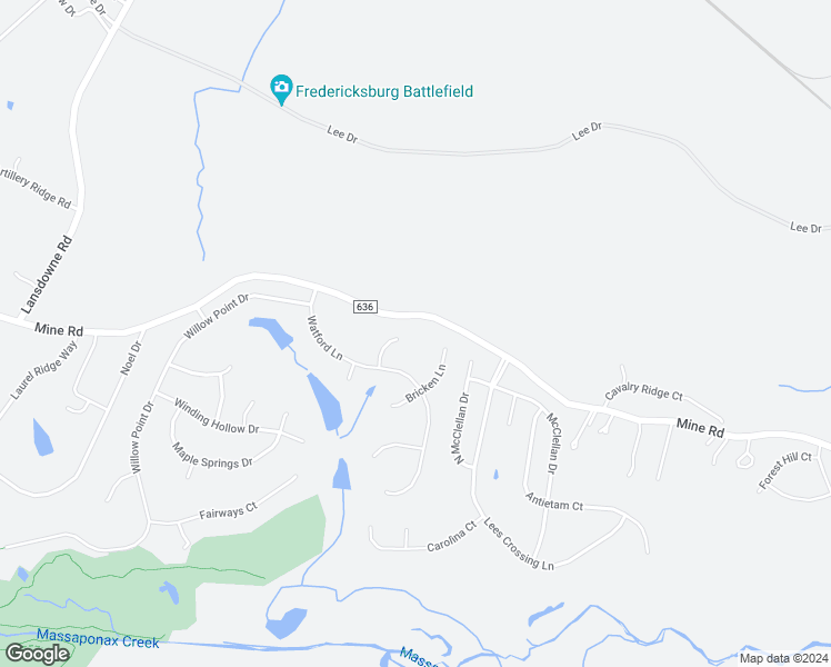 map of restaurants, bars, coffee shops, grocery stores, and more near 3600 Mine Road in Fredericksburg