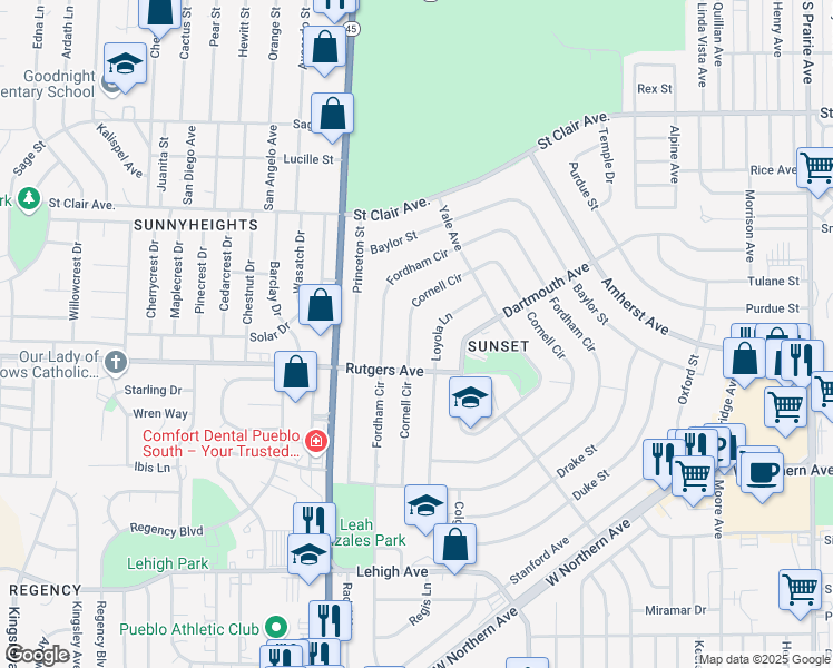 map of restaurants, bars, coffee shops, grocery stores, and more near 48 Cornell Circle in Pueblo