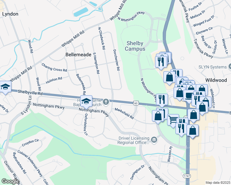 map of restaurants, bars, coffee shops, grocery stores, and more near 101 North Chadwick Road in Louisville