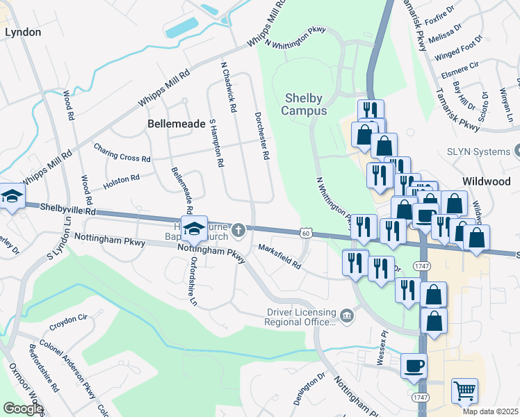 map of restaurants, bars, coffee shops, grocery stores, and more near 101 North Chadwick Road in Louisville