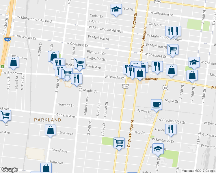 map of restaurants, bars, coffee shops, grocery stores, and more near 723 Humler Street in Louisville