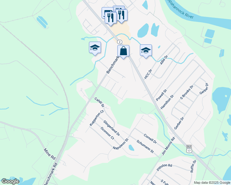 map of restaurants, bars, coffee shops, grocery stores, and more near 10502 Guilderland Court in Fredericksburg