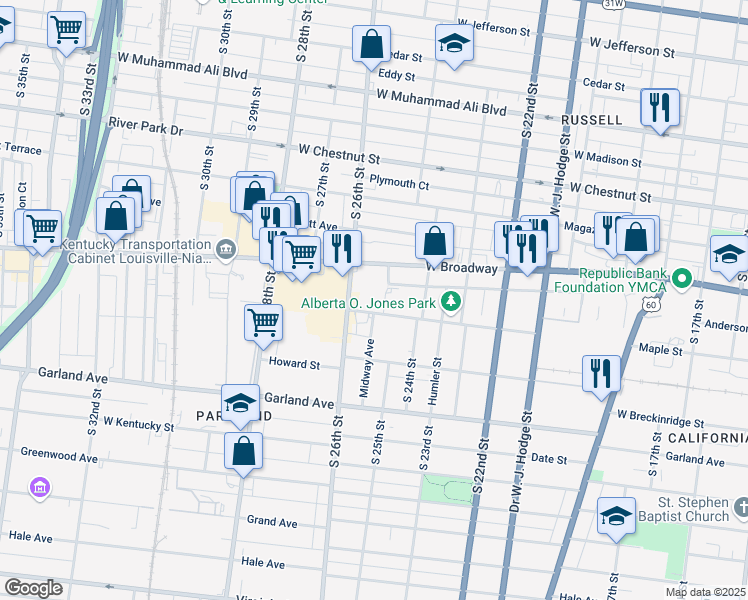 map of restaurants, bars, coffee shops, grocery stores, and more near 2501 Maple Street in Louisville
