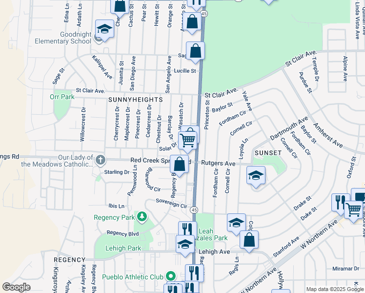 map of restaurants, bars, coffee shops, grocery stores, and more near 38 Barclay Drive in Pueblo