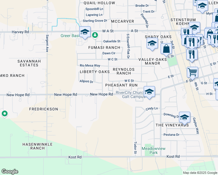 map of restaurants, bars, coffee shops, grocery stores, and more near 122 Village Run Drive in Galt