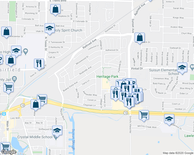 map of restaurants, bars, coffee shops, grocery stores, and more near 711 Shannon Drive in Suisun City