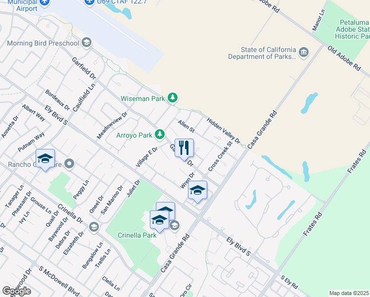 map of restaurants, bars, coffee shops, grocery stores, and more near 1920 Sheldrake Lane in Petaluma