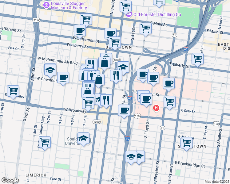 map of restaurants, bars, coffee shops, grocery stores, and more near 110 West Chestnut Street in Louisville