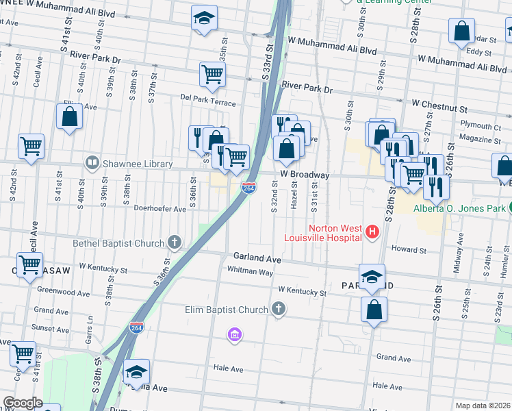 map of restaurants, bars, coffee shops, grocery stores, and more near 737 South 33rd Street in Louisville