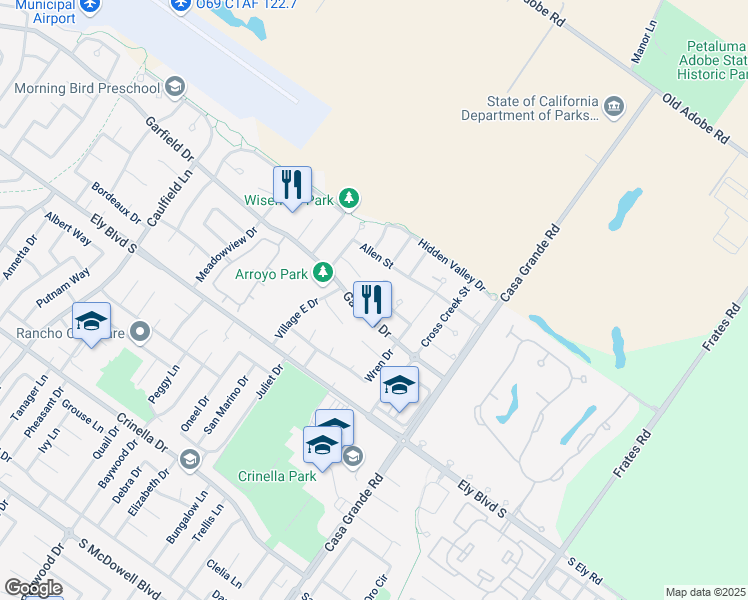 map of restaurants, bars, coffee shops, grocery stores, and more near 1920 Sheldrake Lane in Petaluma