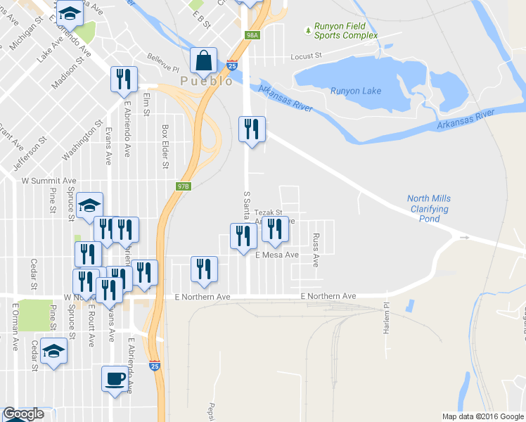 map of restaurants, bars, coffee shops, grocery stores, and more near 519 Tezak Street in Pueblo