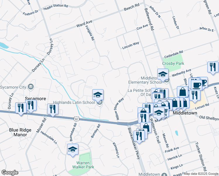 map of restaurants, bars, coffee shops, grocery stores, and more near 11102 Brookstone Court in Louisville