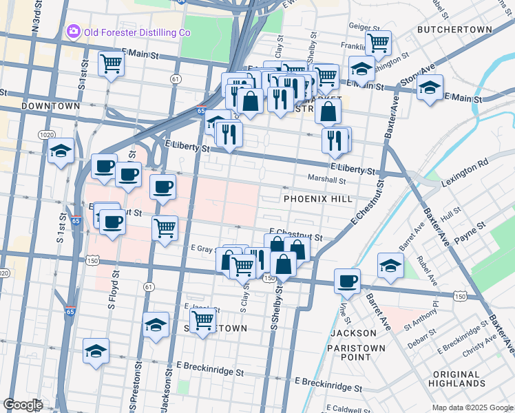 map of restaurants, bars, coffee shops, grocery stores, and more near 699 E Madison St in Louisville