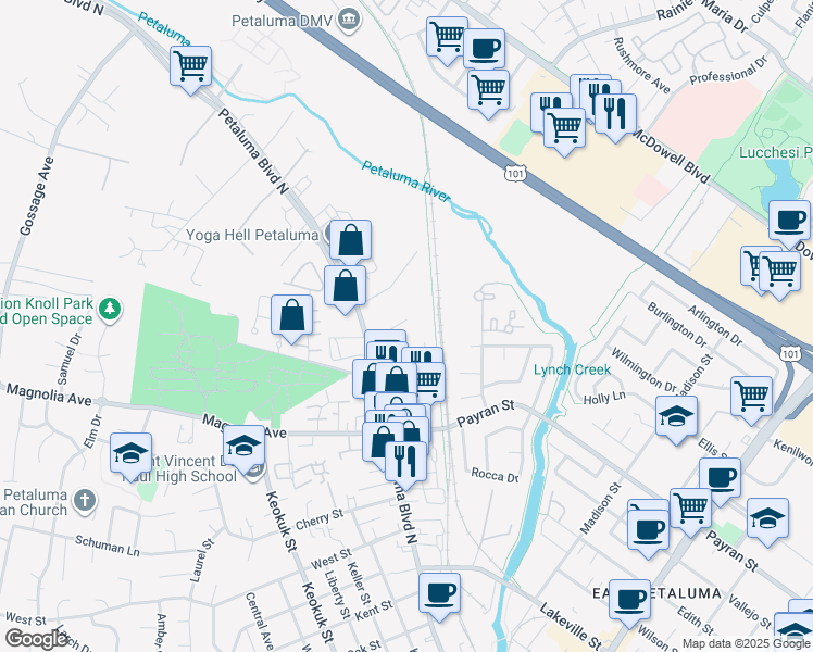 map of restaurants, bars, coffee shops, grocery stores, and more near 1240 Petaluma Boulevard North in Petaluma