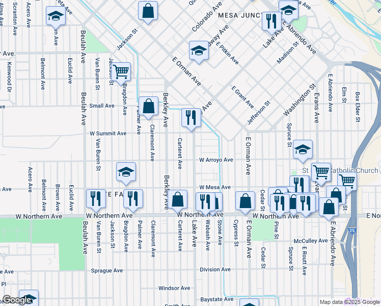 map of restaurants, bars, coffee shops, grocery stores, and more near 1035 Lake Avenue in Pueblo