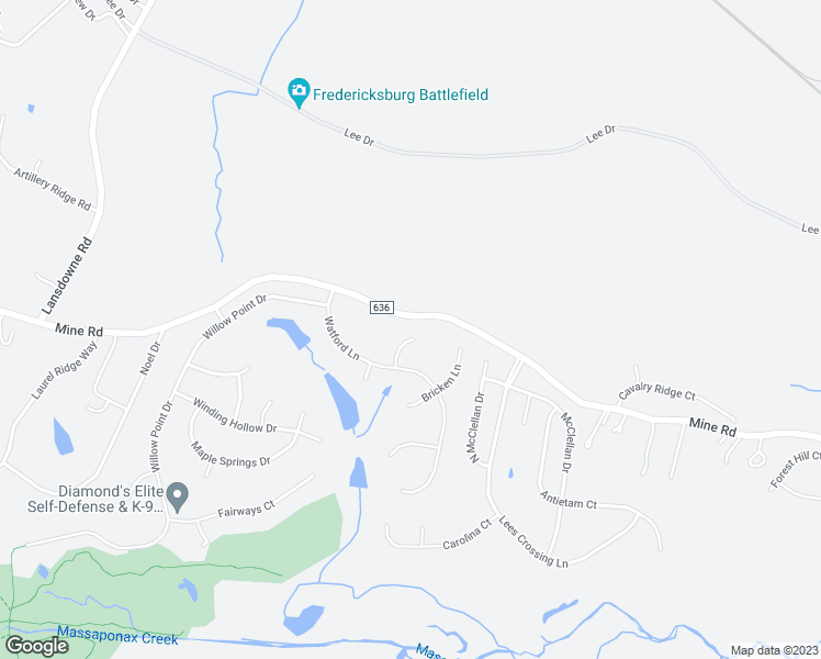map of restaurants, bars, coffee shops, grocery stores, and more near 3809 Purley Drive in Fredericksburg